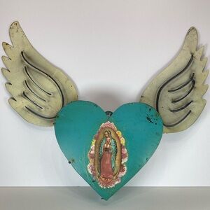 Rustic tin metal heart with wings, Our Lady of Guadalupe